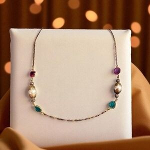 Vintage Bohemian Framed Pearl Rhinestone Gold Tone Women's Necklace 21"